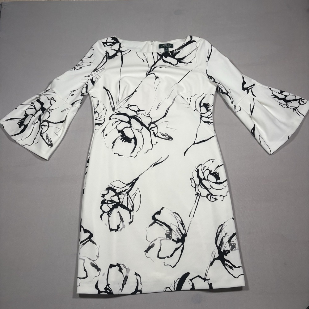 Lauren Ralph Lauren Shift Dress Womens 8 Black & White Floral Bell-Sleeve Crepe